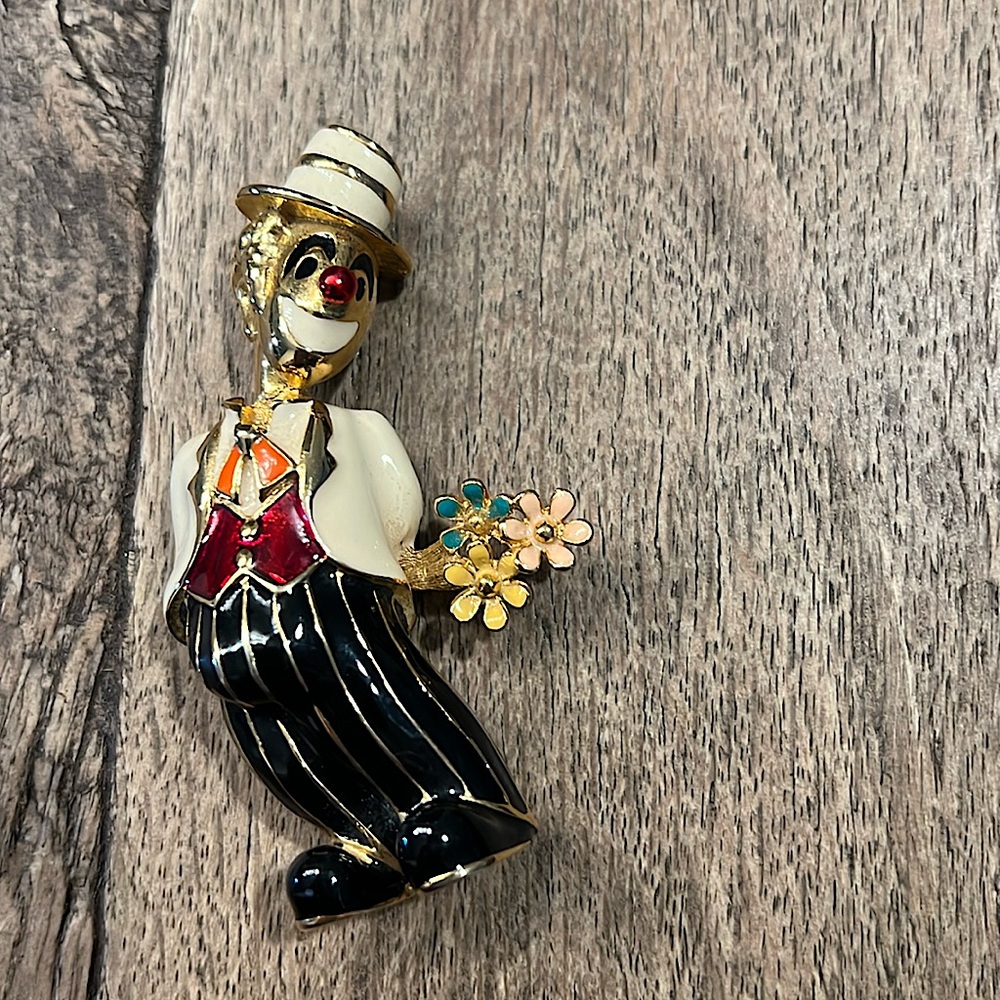 Vintage Clown With Flowers Enamel Brooch